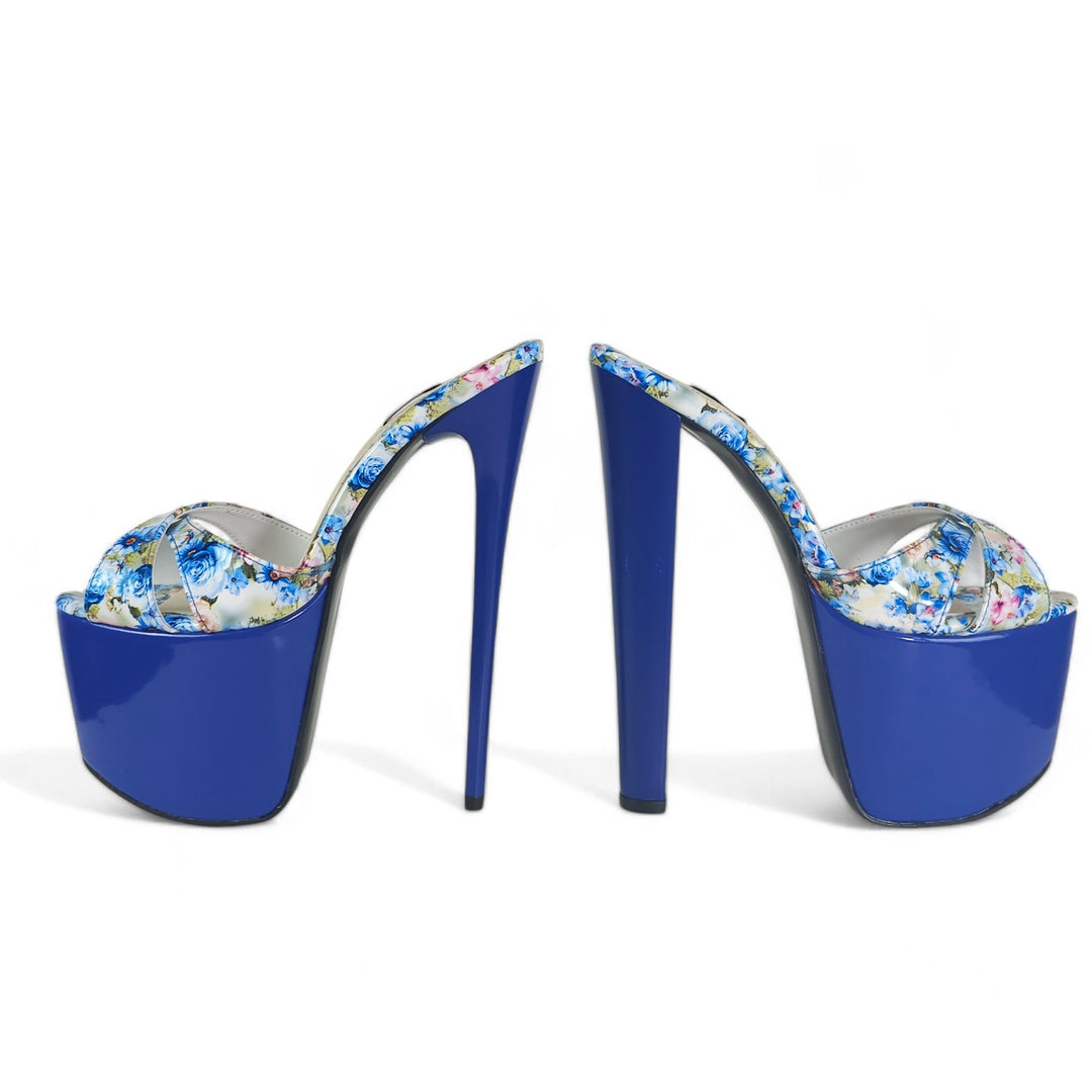 Royal Blue Gloss Floral Print High Heel Platform Mules