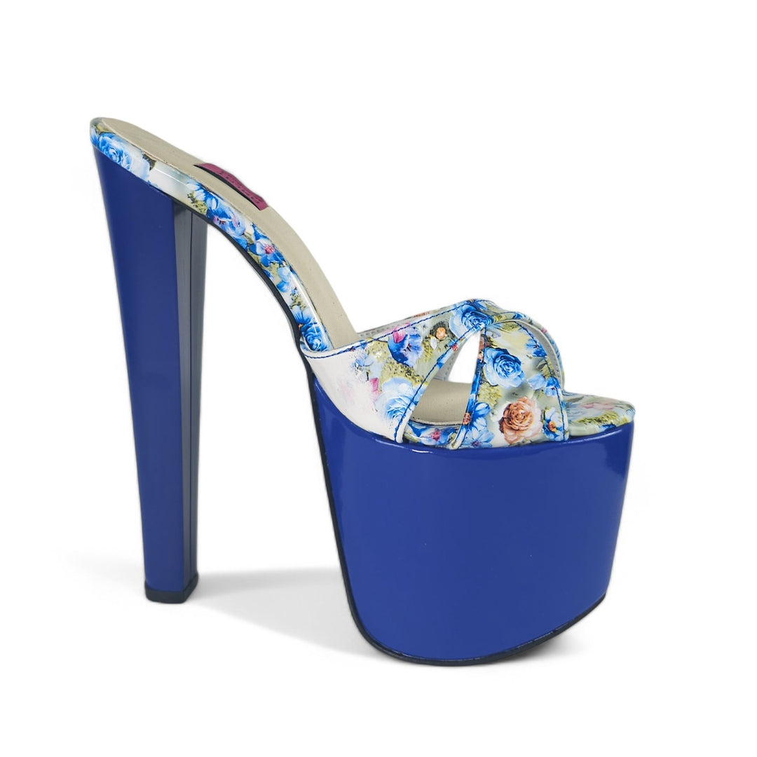 Royal Blue Gloss Floral Print High Heel Platform Mules