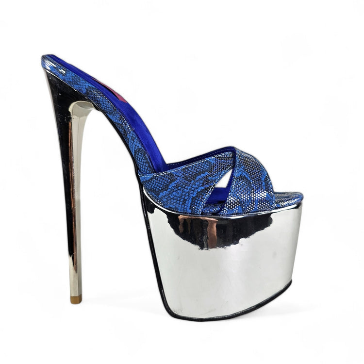 Blue Genuine Leather Silver Detailed Platform Mules