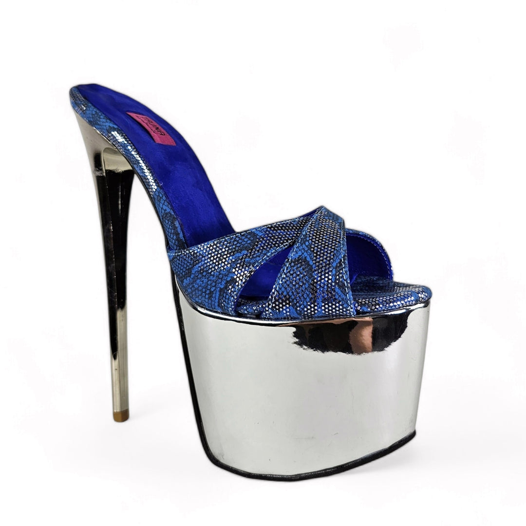 Blue Genuine Leather Silver Detailed Platform Mules