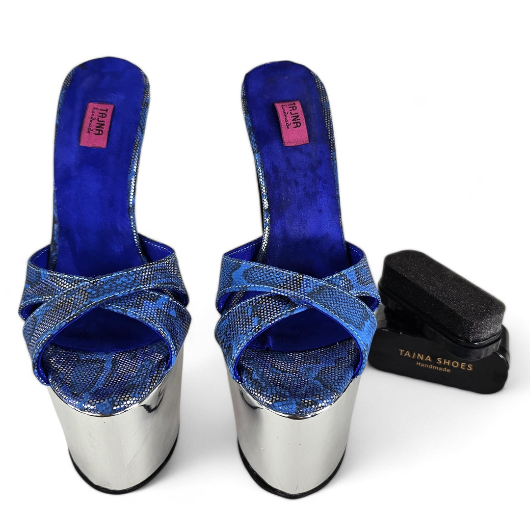 Blue Genuine Leather Silver Detailed Platform Mules