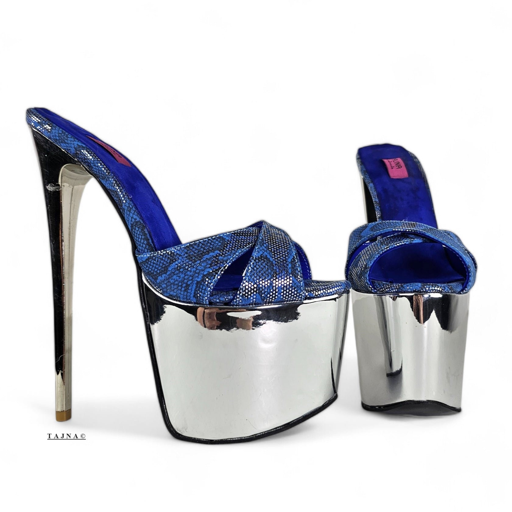 Blue Genuine Leather Silver Detailed Platform Mules