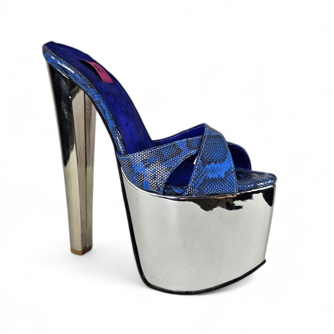 Blue Genuine Leather Silver Detailed Platform Mules