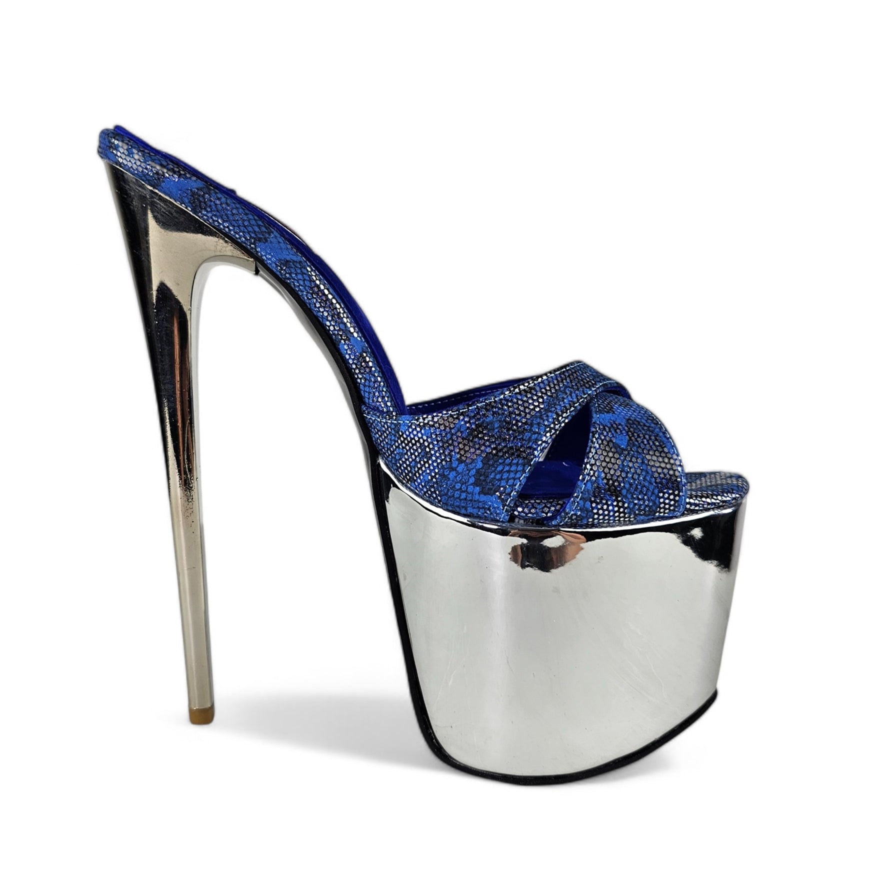 Blue Genuine Leather Silver Detailed Platform Mules