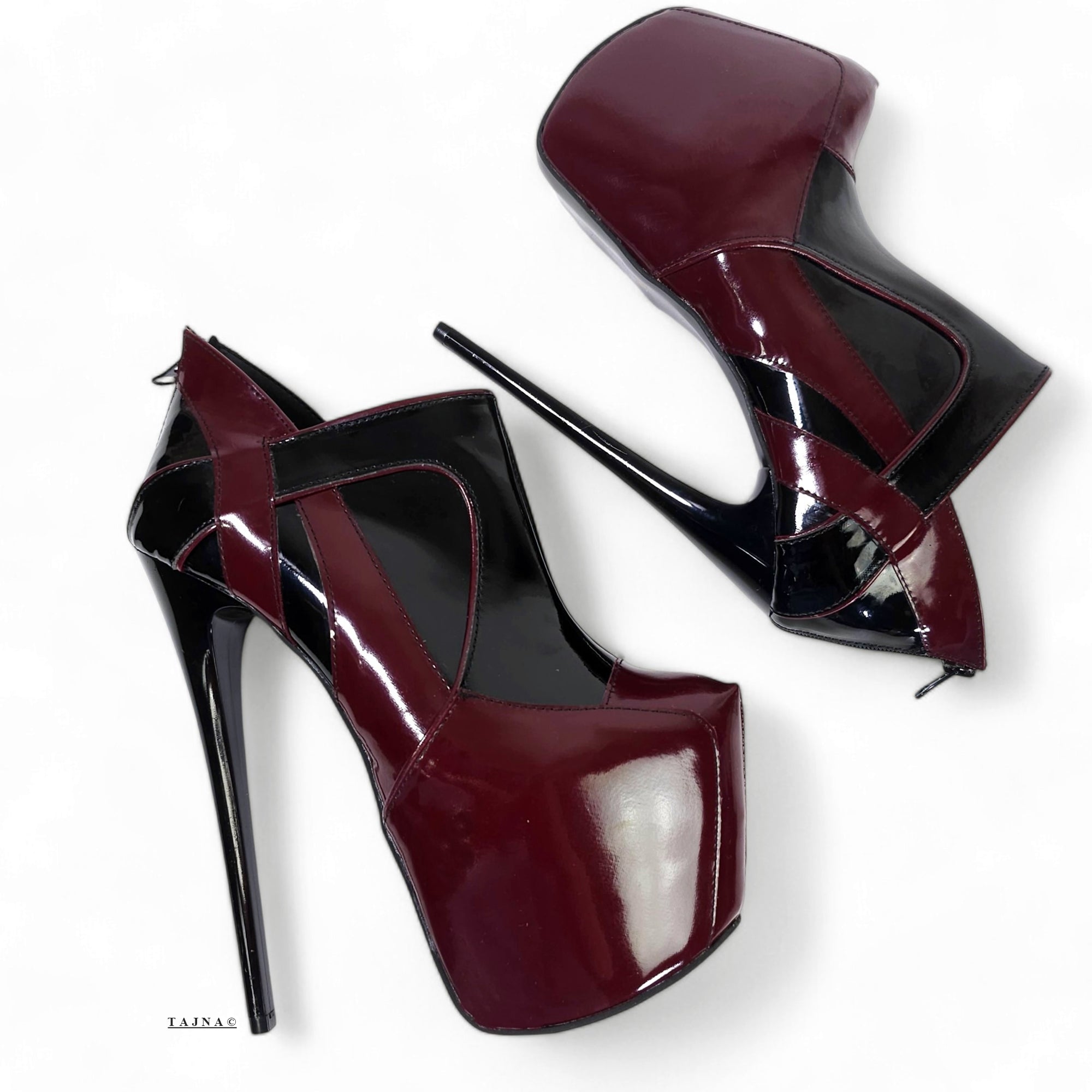 Black Burgundy Gloss Ankle Cut High Heels