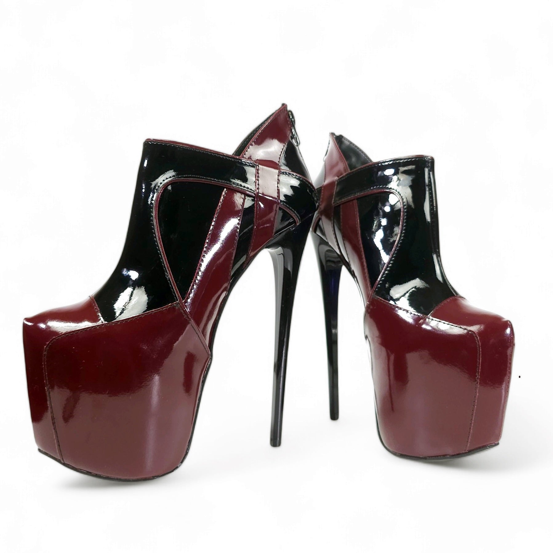 Black Burgundy Gloss Ankle Cut High Heels