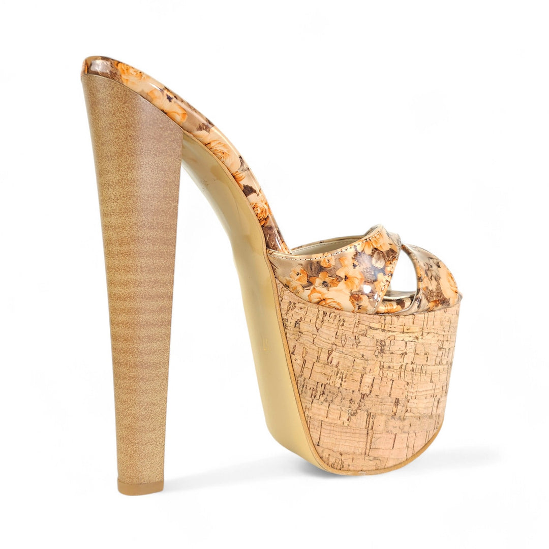 Cork Wooden Floral Print High Heel Platform Mules