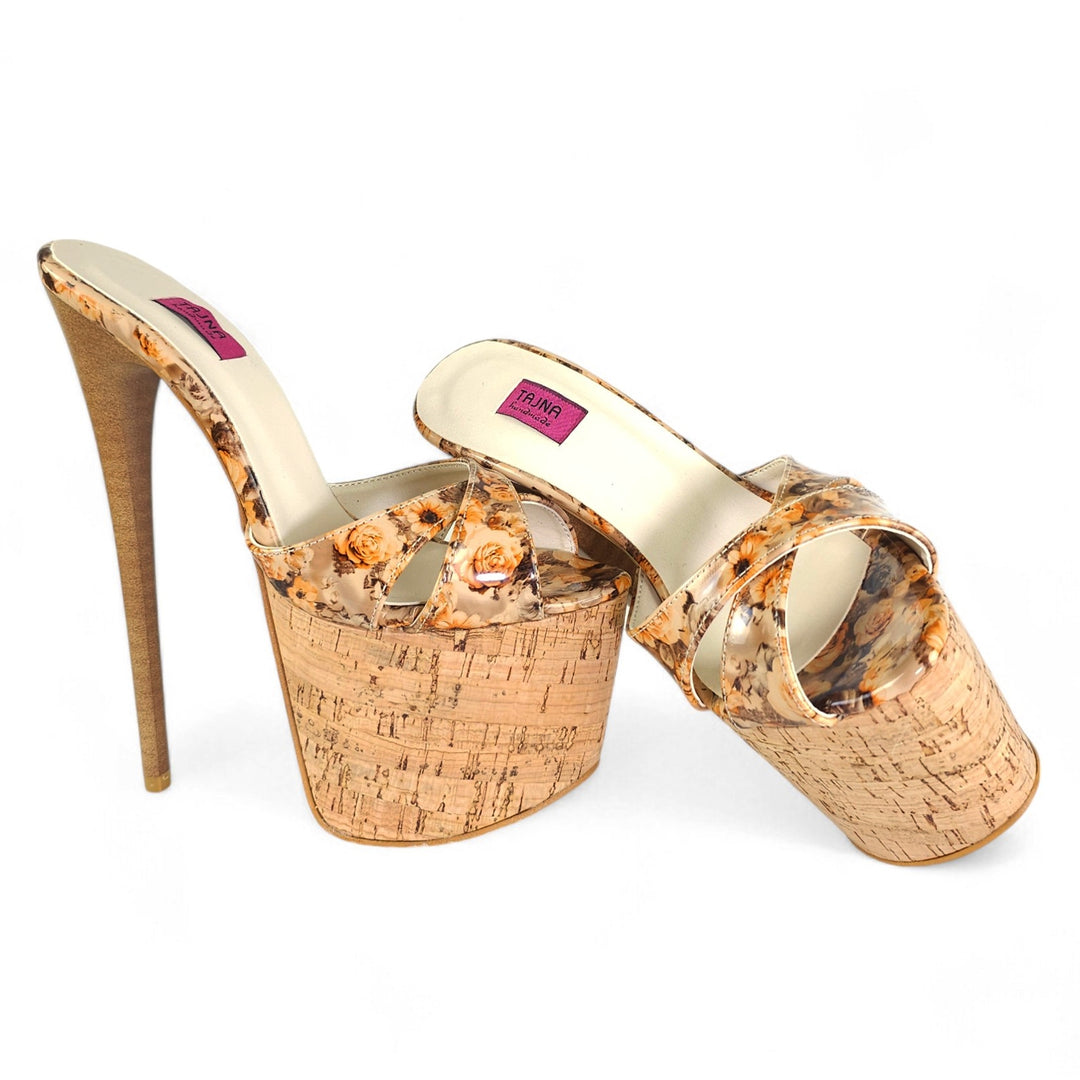 Cork Wooden Floral Print High Heel Platform Mules