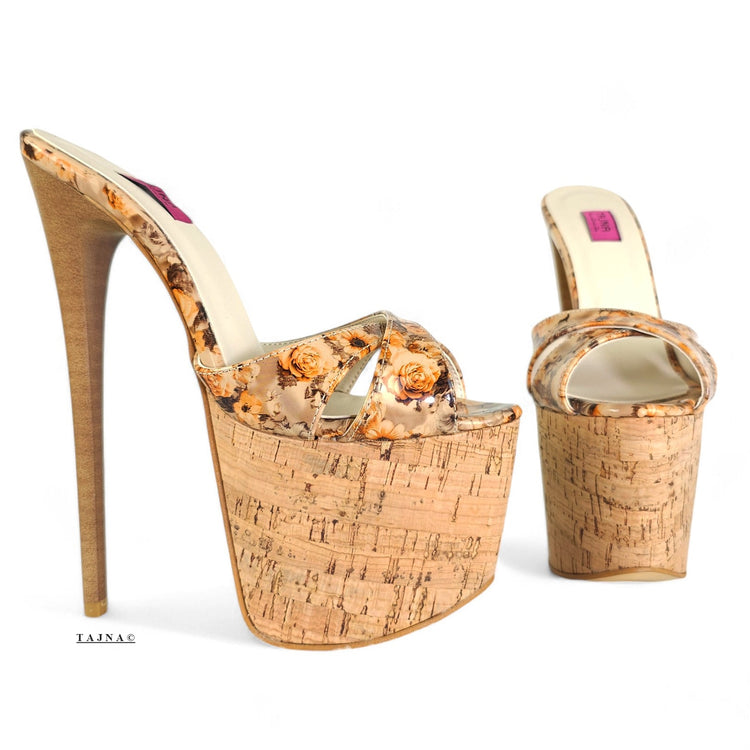 Cork Wooden Floral Print High Heel Platform Mules