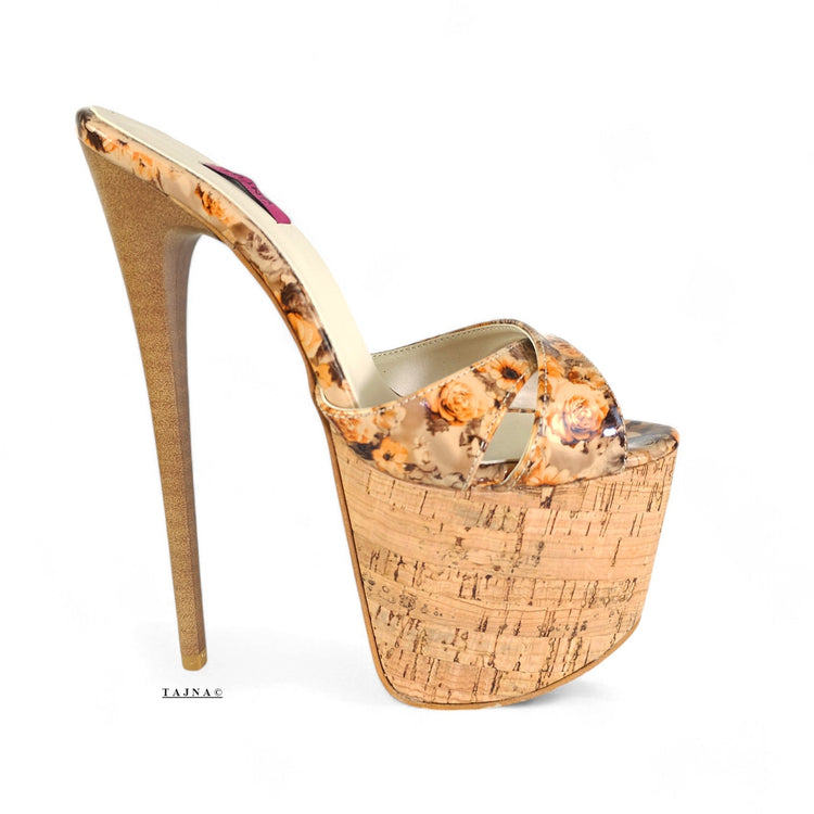 Cork Wooden Floral Print High Heel Platform Mules