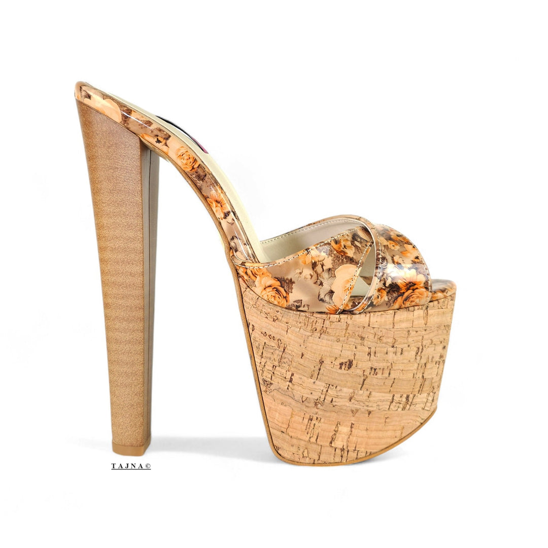 Cork Wooden Floral Print High Heel Platform Mules