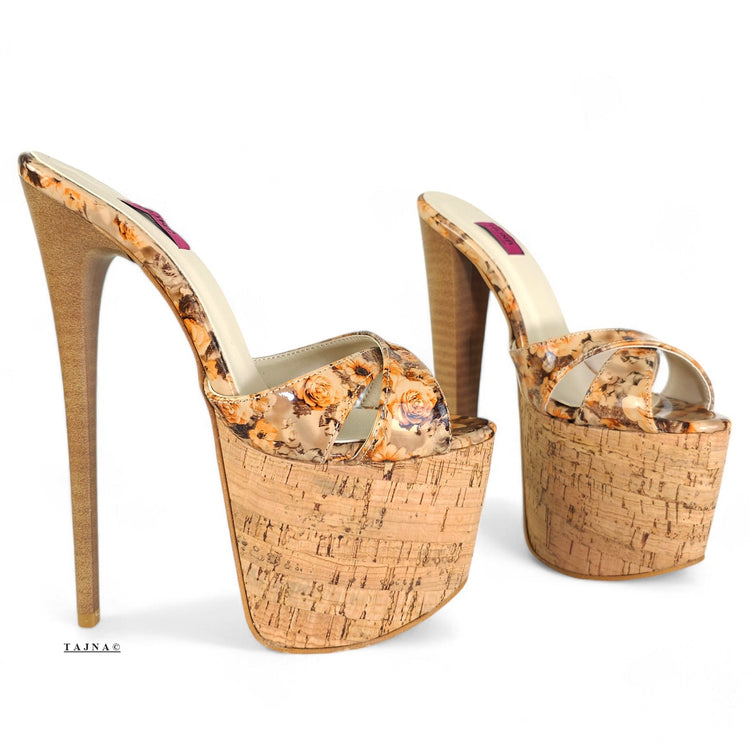 Cork Wooden Floral Print High Heel Platform Mules