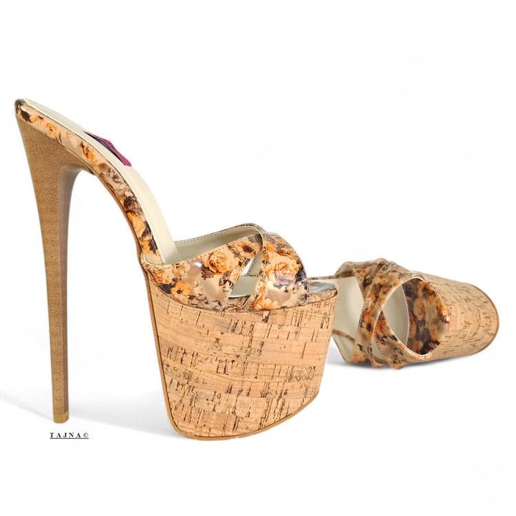 Cork Wooden Floral Print High Heel Platform Mules