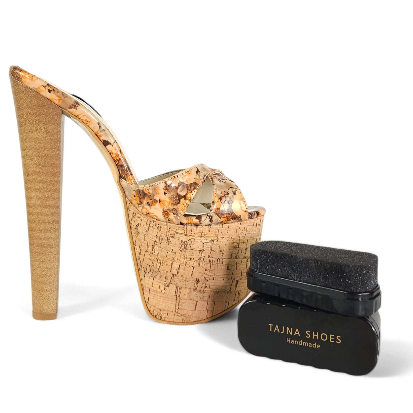 Cork Wooden Floral Print High Heel Platform Mules