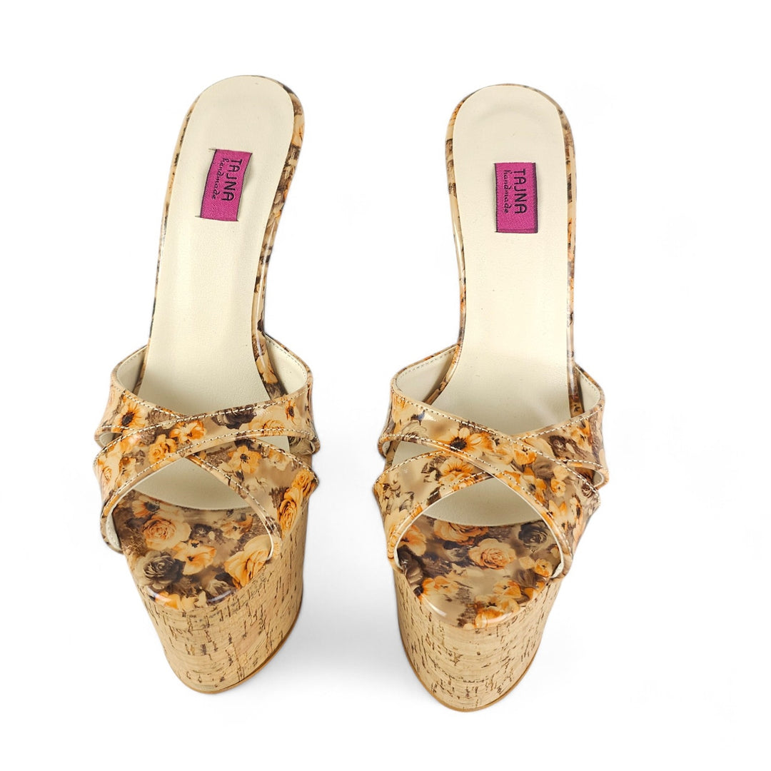 Cork Wooden Floral Print High Heel Platform Mules