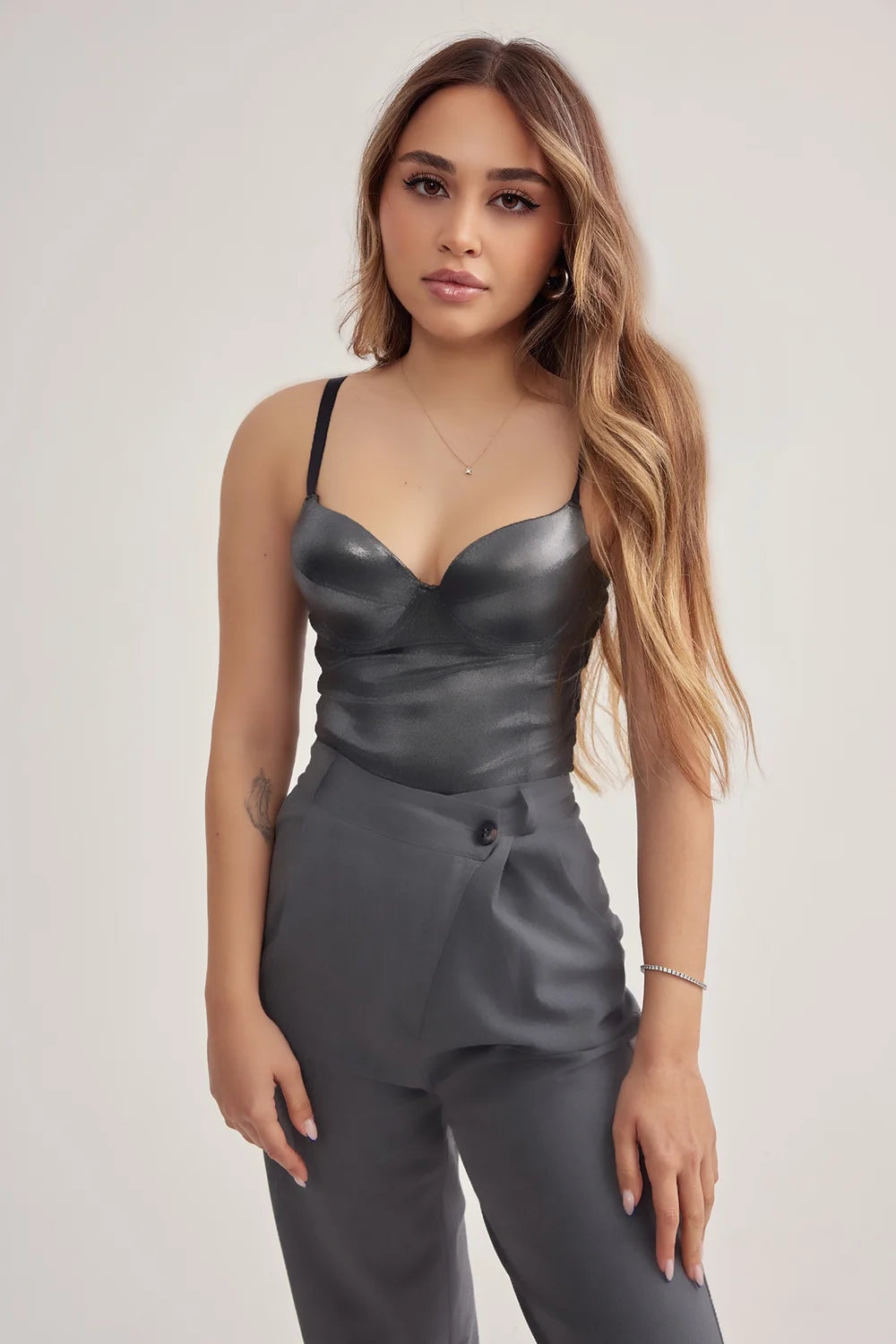 Silver Satin Leather Look Corset Top