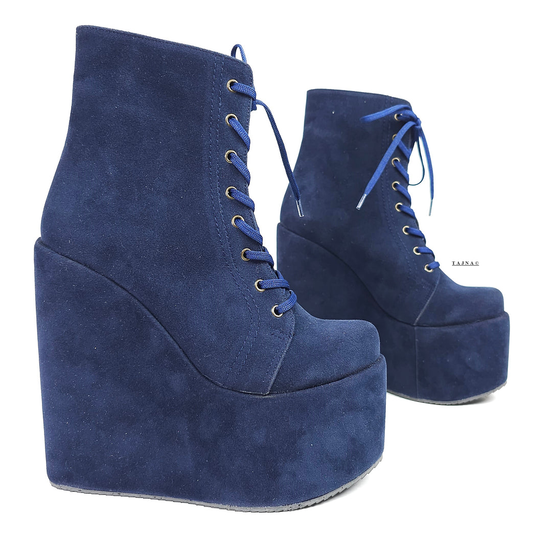 Navy Blue Lace Up High Heel Platform Wedge Ankle Boots