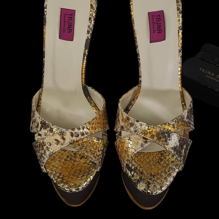 Golden Mirror Snake Print Genuine Leather Sandal Mules