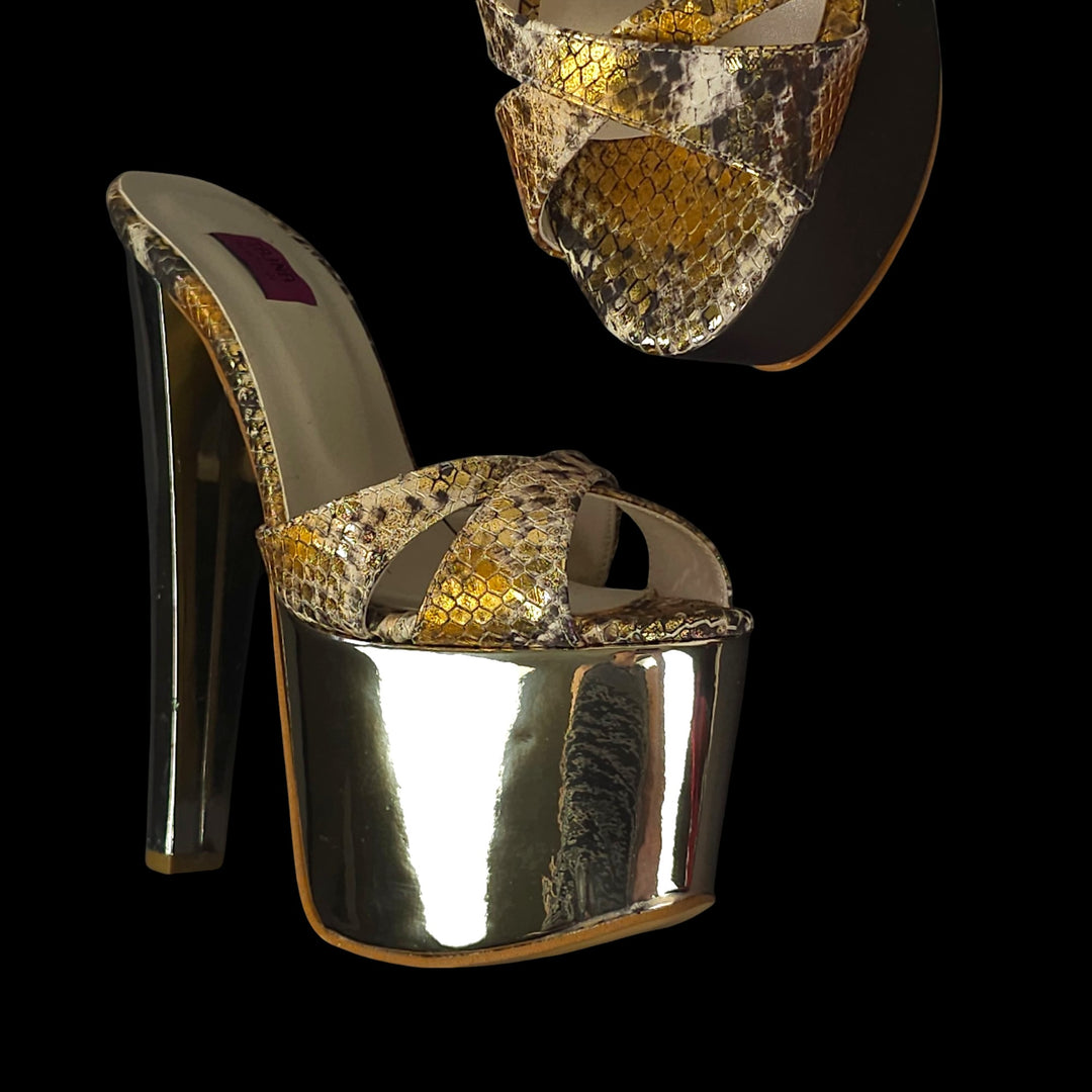 Golden Mirror Snake Print Genuine Leather Sandal Mules