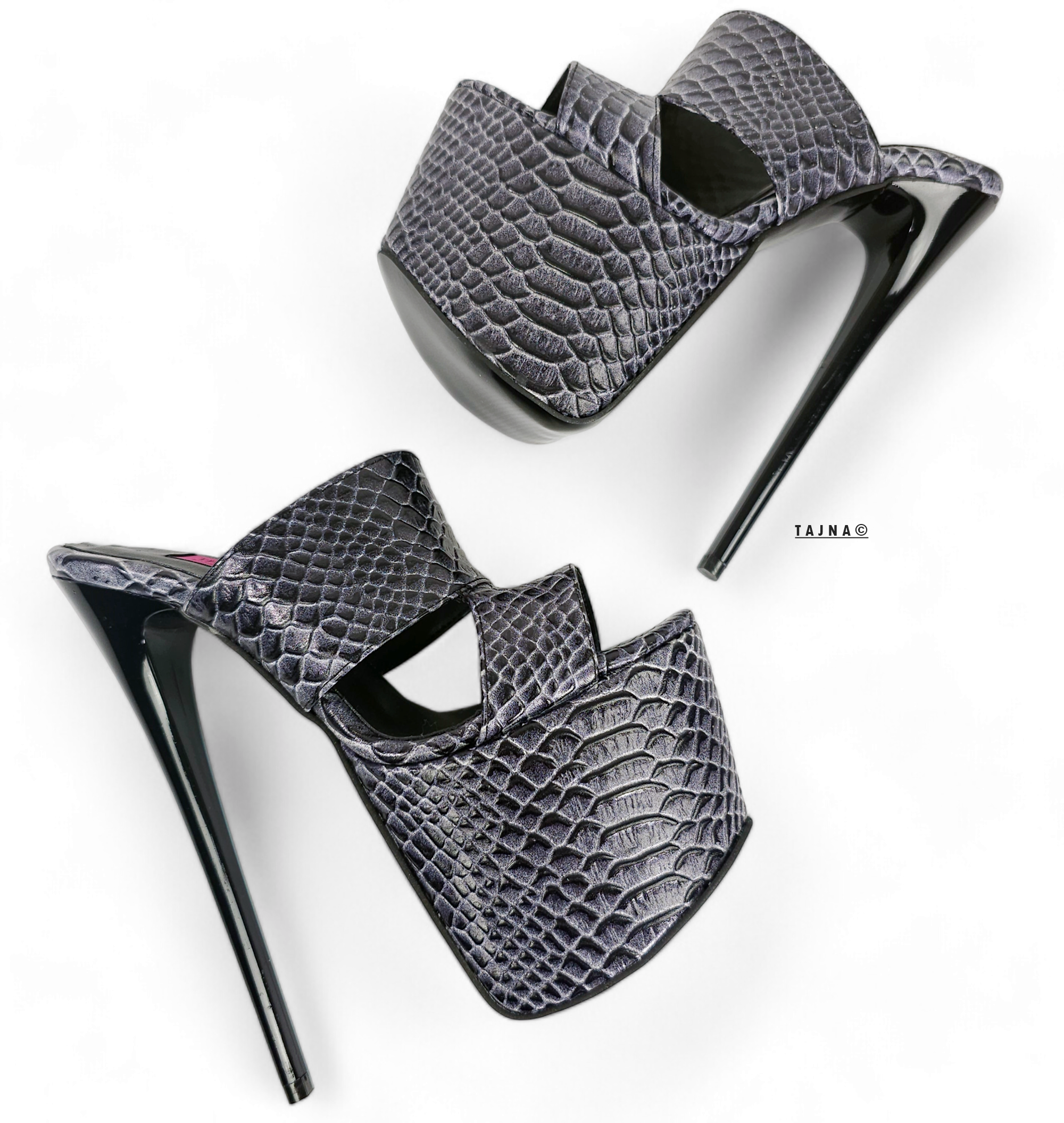 Gray Croco Print Geniune Leather Slide Sandals