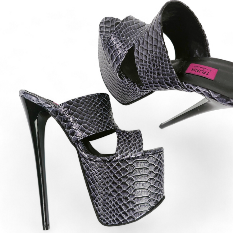 Gray Croco Print Geniune Leather Slide Sandals
