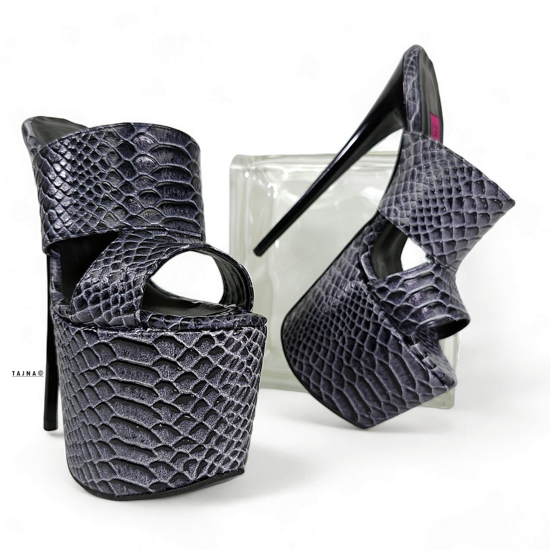 Gray Croco Print Geniune Leather Slide Sandals