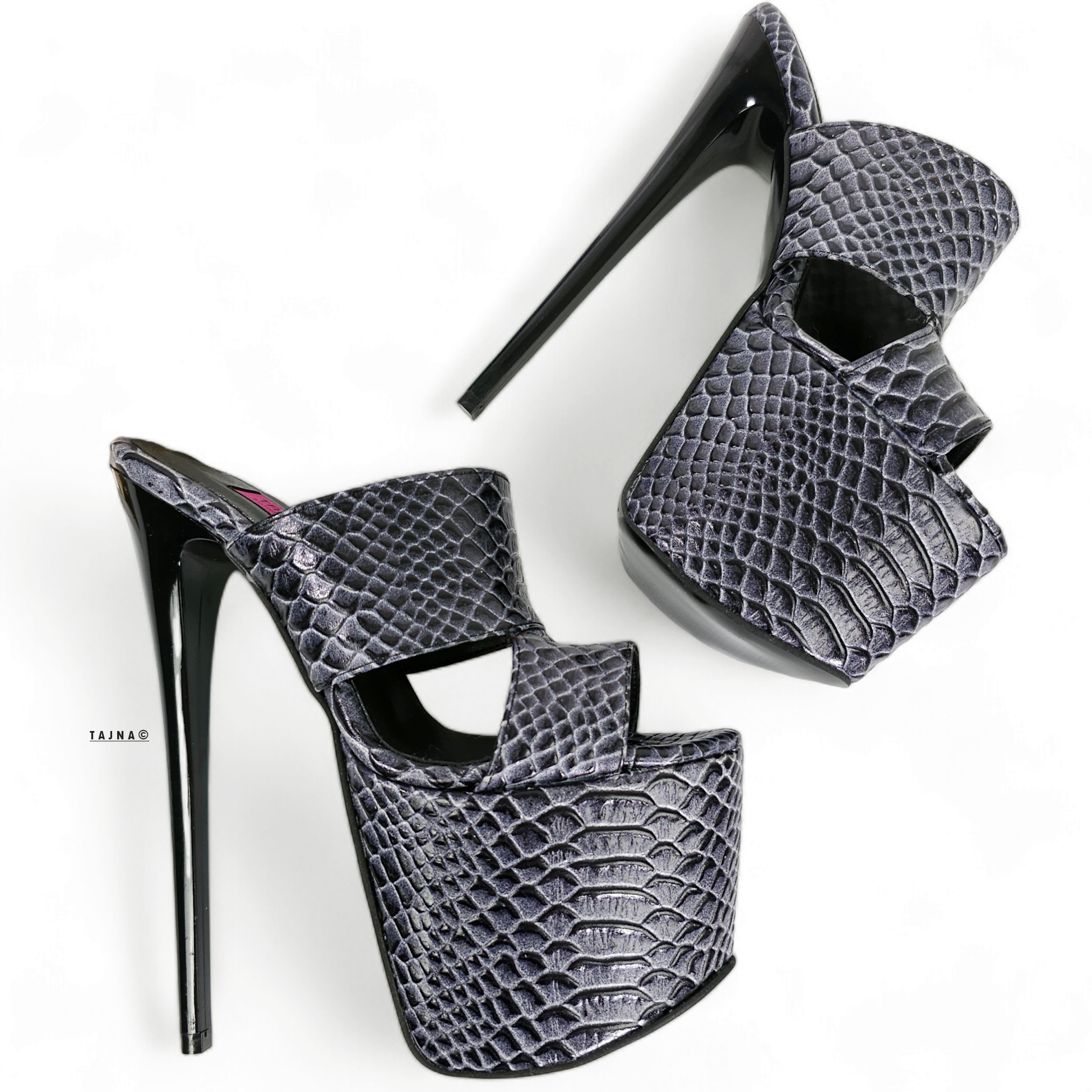 Gray Croco Print Geniune Leather Slide Sandals