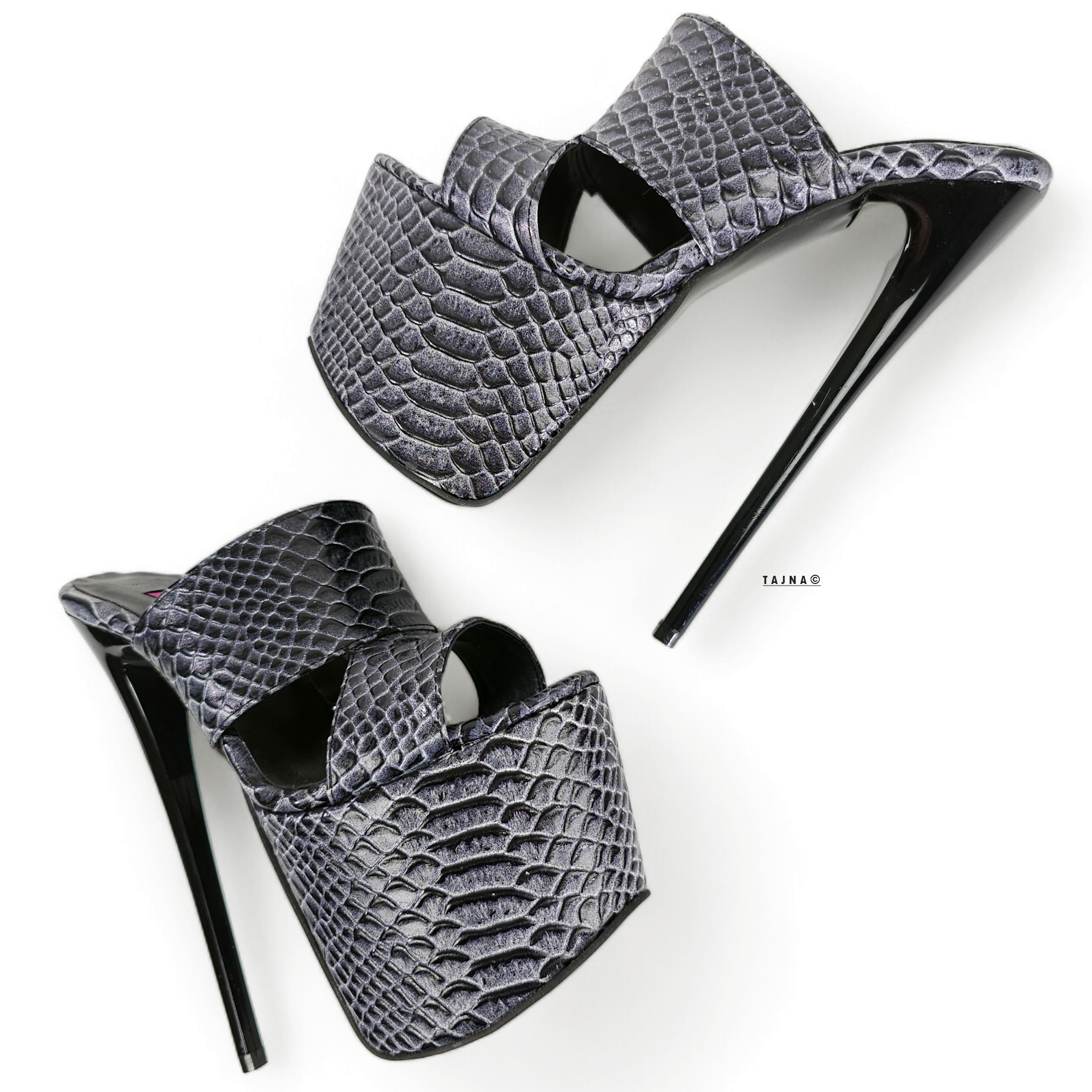 Gray Croco Print Geniune Leather Slide Sandals