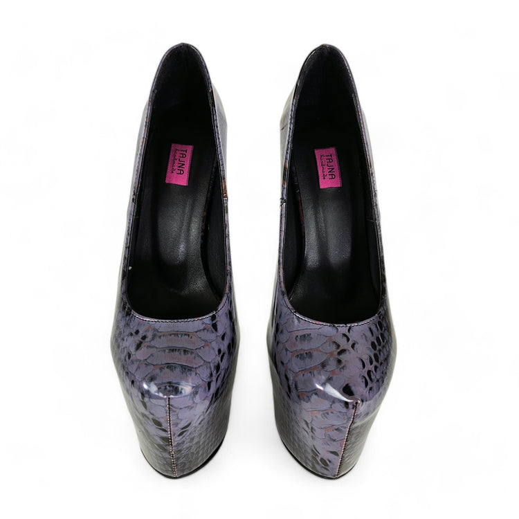 Vegan Dark Purple Gray Snake Print Platform Pumps