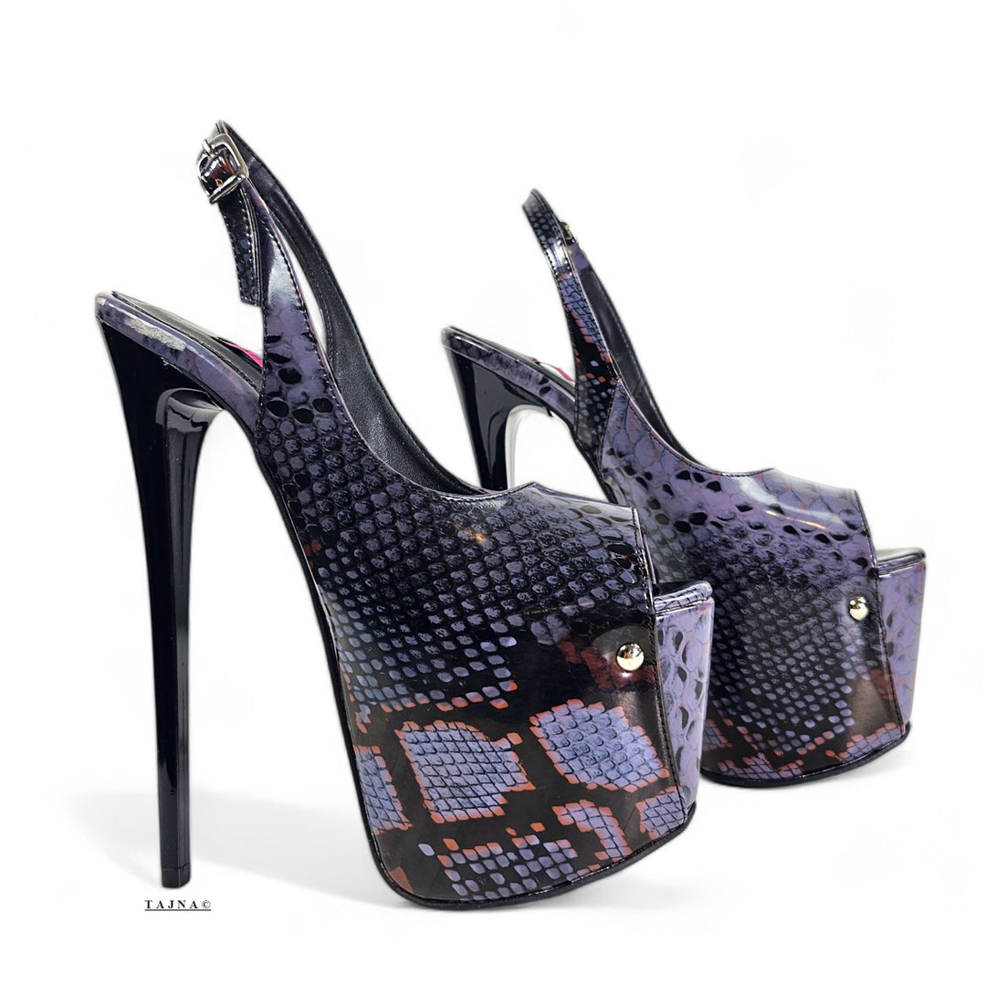 Sling Back Dark Purple Gray Snake Print Heels