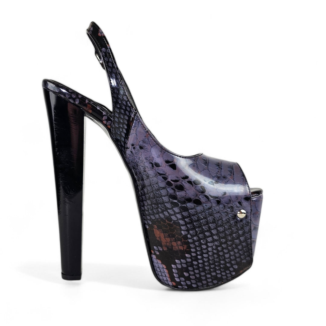 Sling Back Dark Purple Gray Snake Print Heels