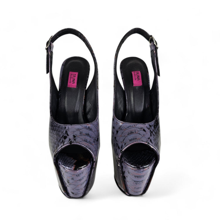 Sling Back Dark Purple Gray Snake Print Heels