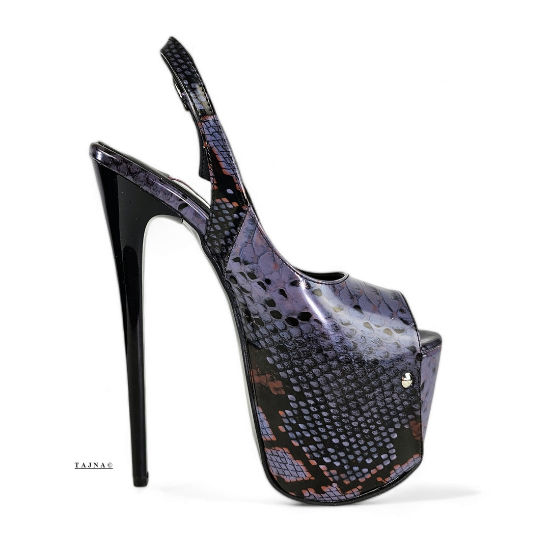 Sling Back Dark Purple Gray Snake Print Heels