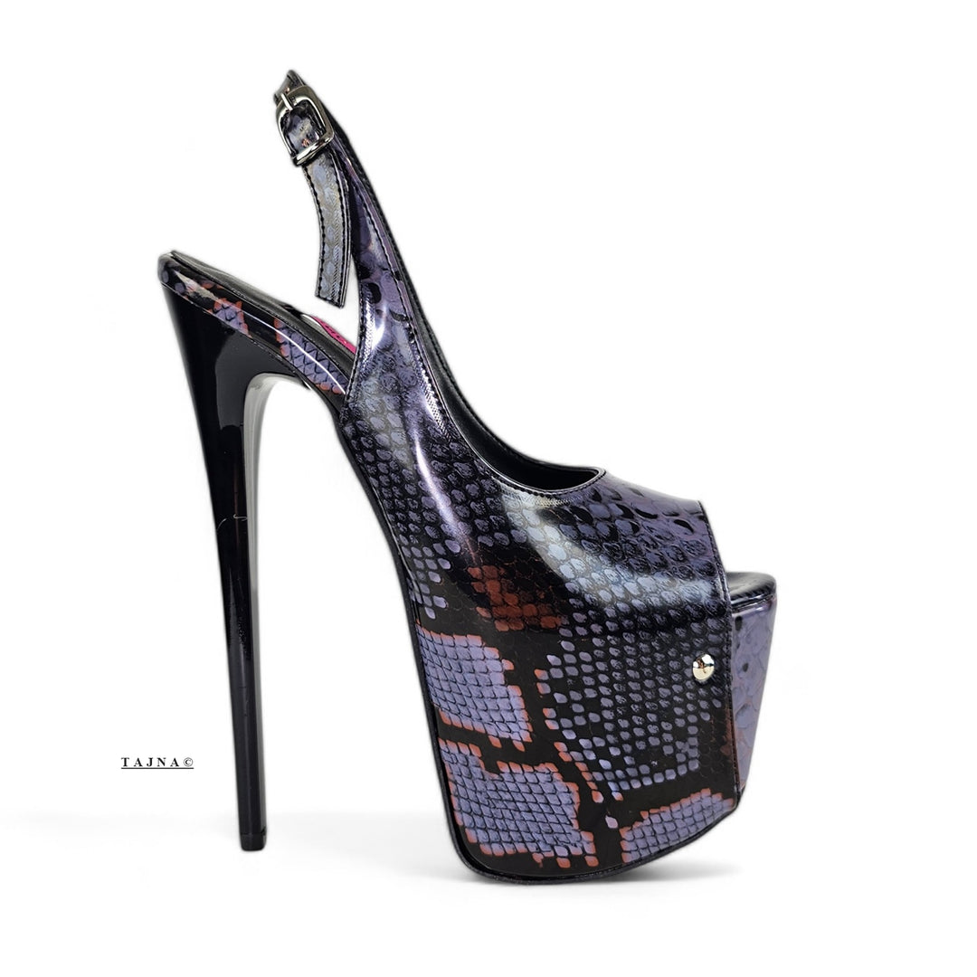 Sling Back Dark Purple Gray Snake Print Heels