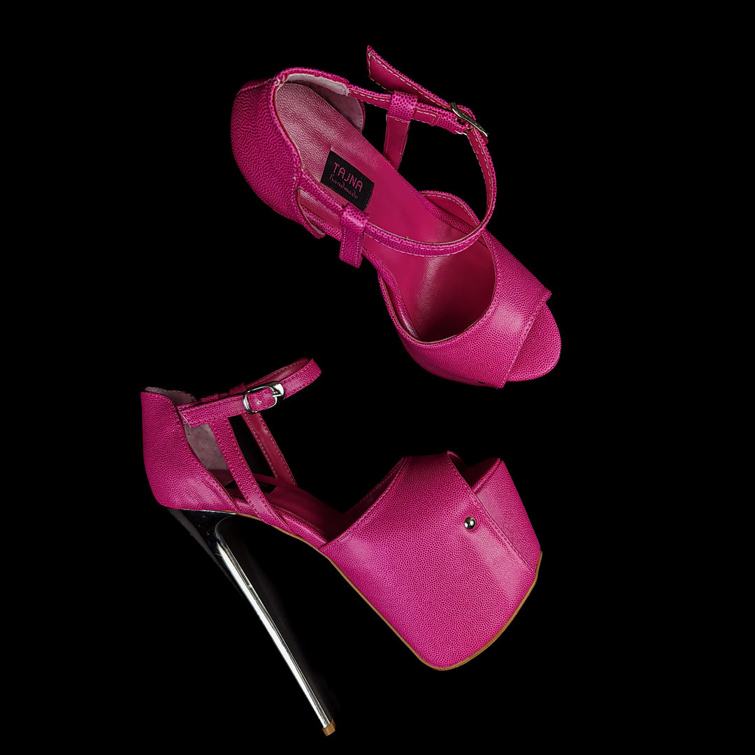 Fuschia Pink Ankle Strap Detail Metallic Heels