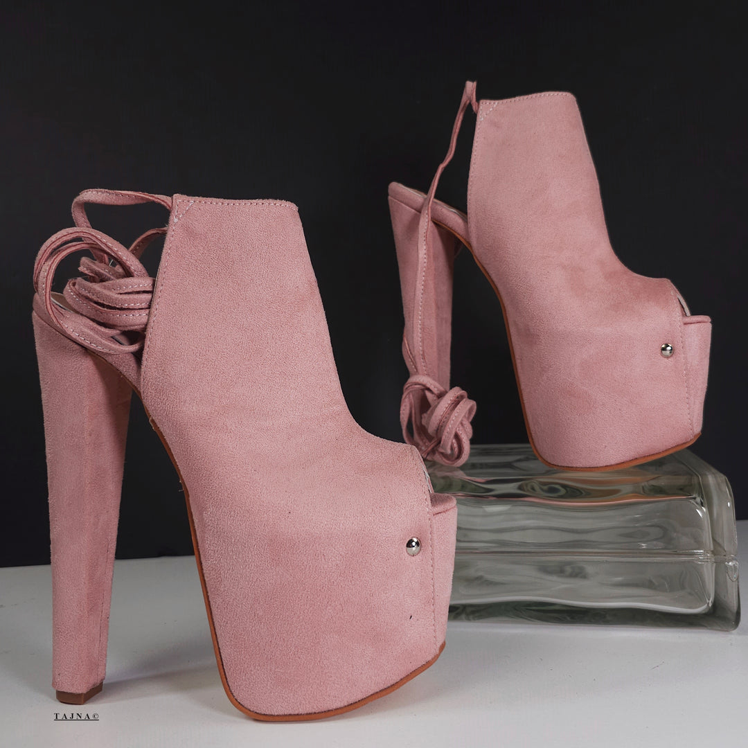 Sling Back Pink Suede Lace Up High Heels