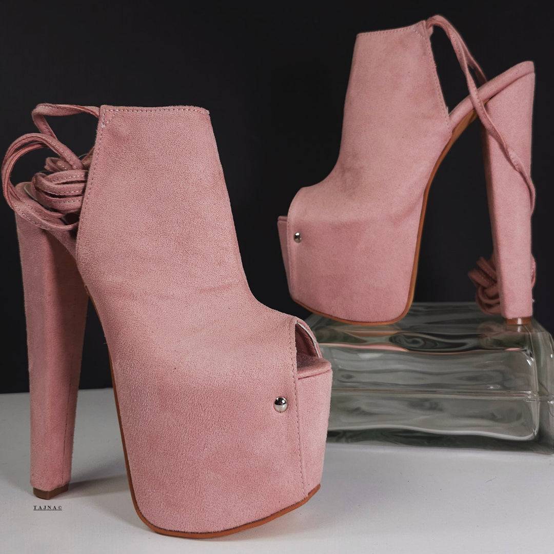 Sling Back Pink Suede Lace Up High Heels