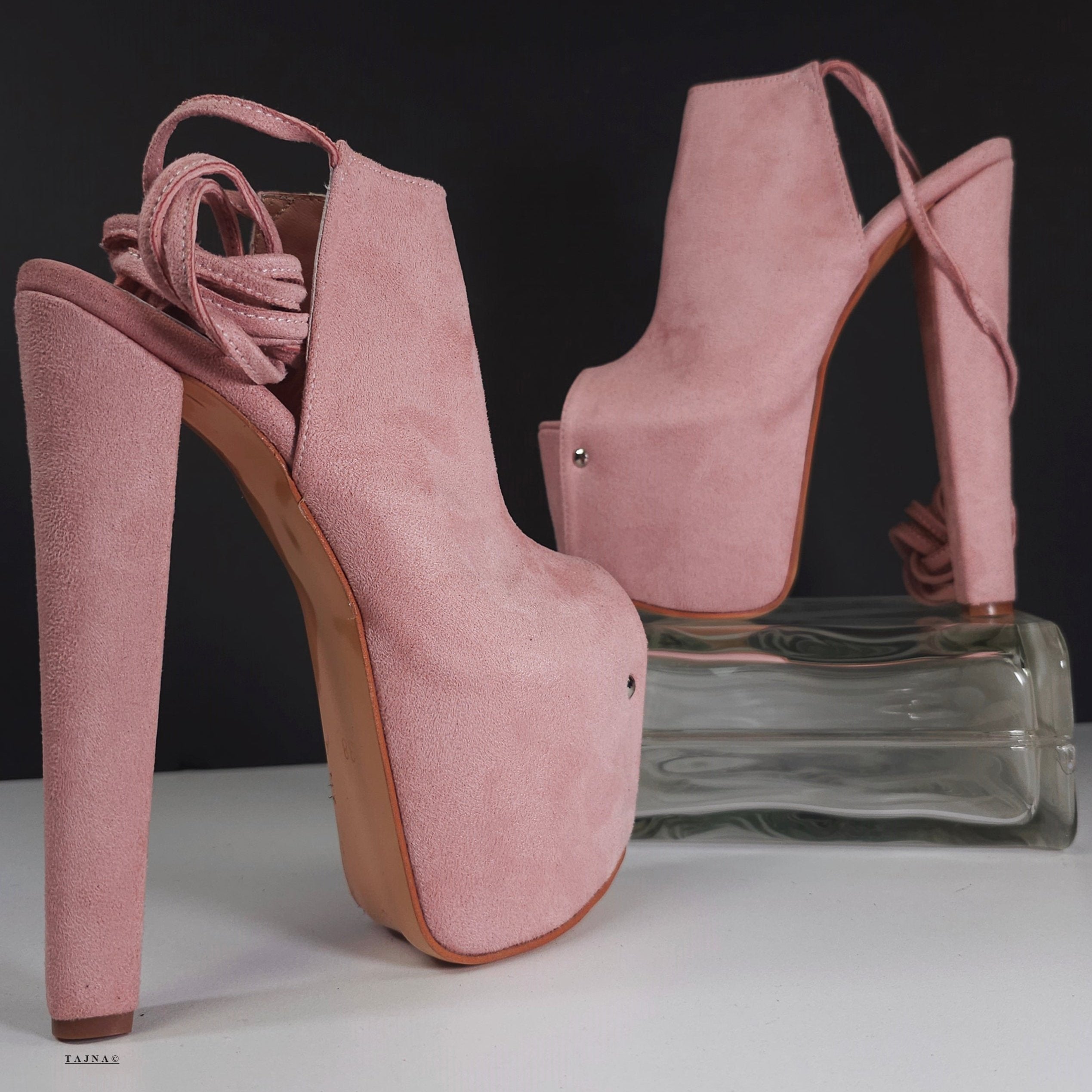 Sling Back Pink Suede Lace Up High Heels Tajna Club