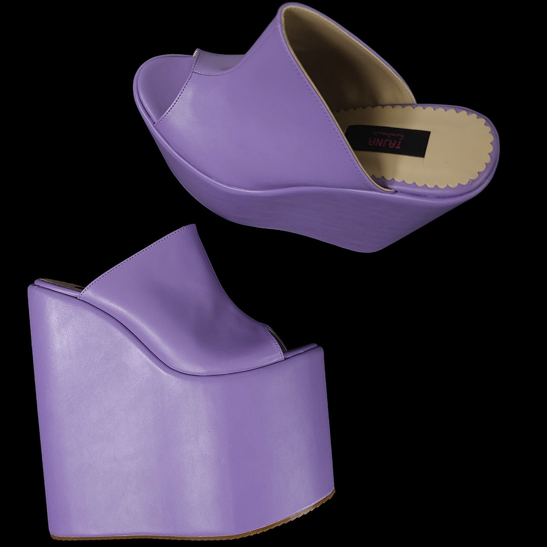 Purple Violet Peep Toe Platform Wedge Slide Sandals