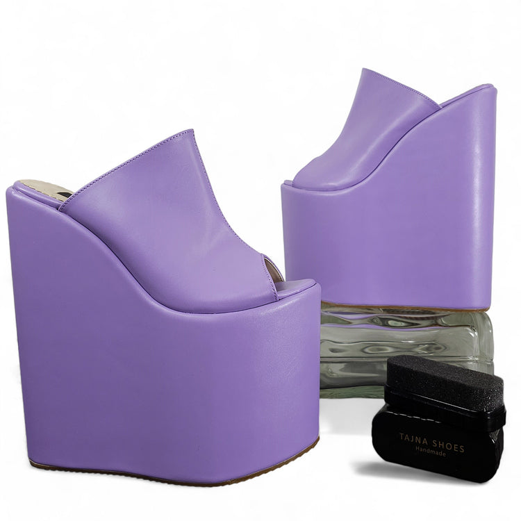 Purple Violet Peep Toe Platform Wedge Slide Sandals