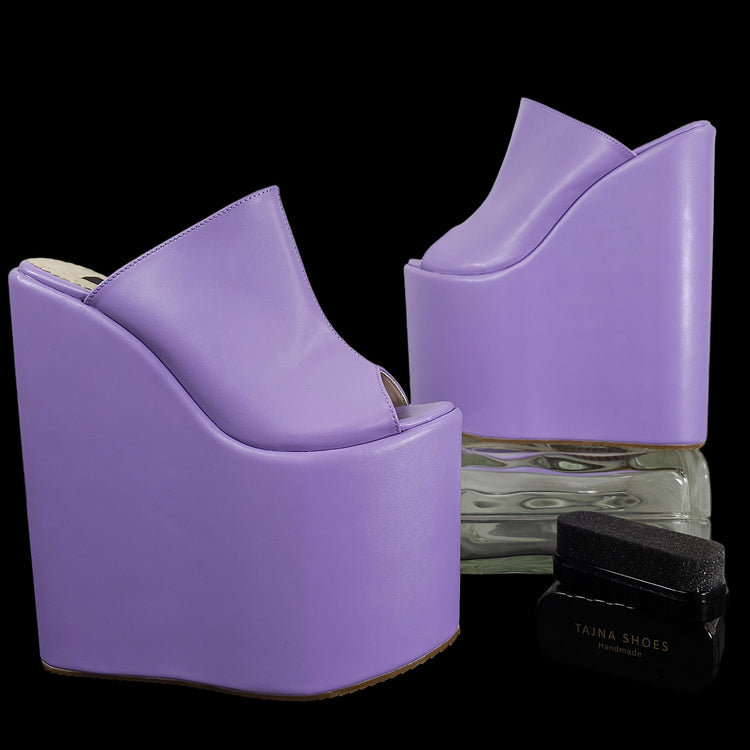 Purple Violet Peep Toe Platform Wedge Slide Sandals