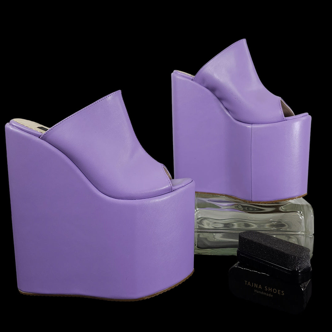 Purple Violet Peep Toe Platform Wedge Slide Sandals