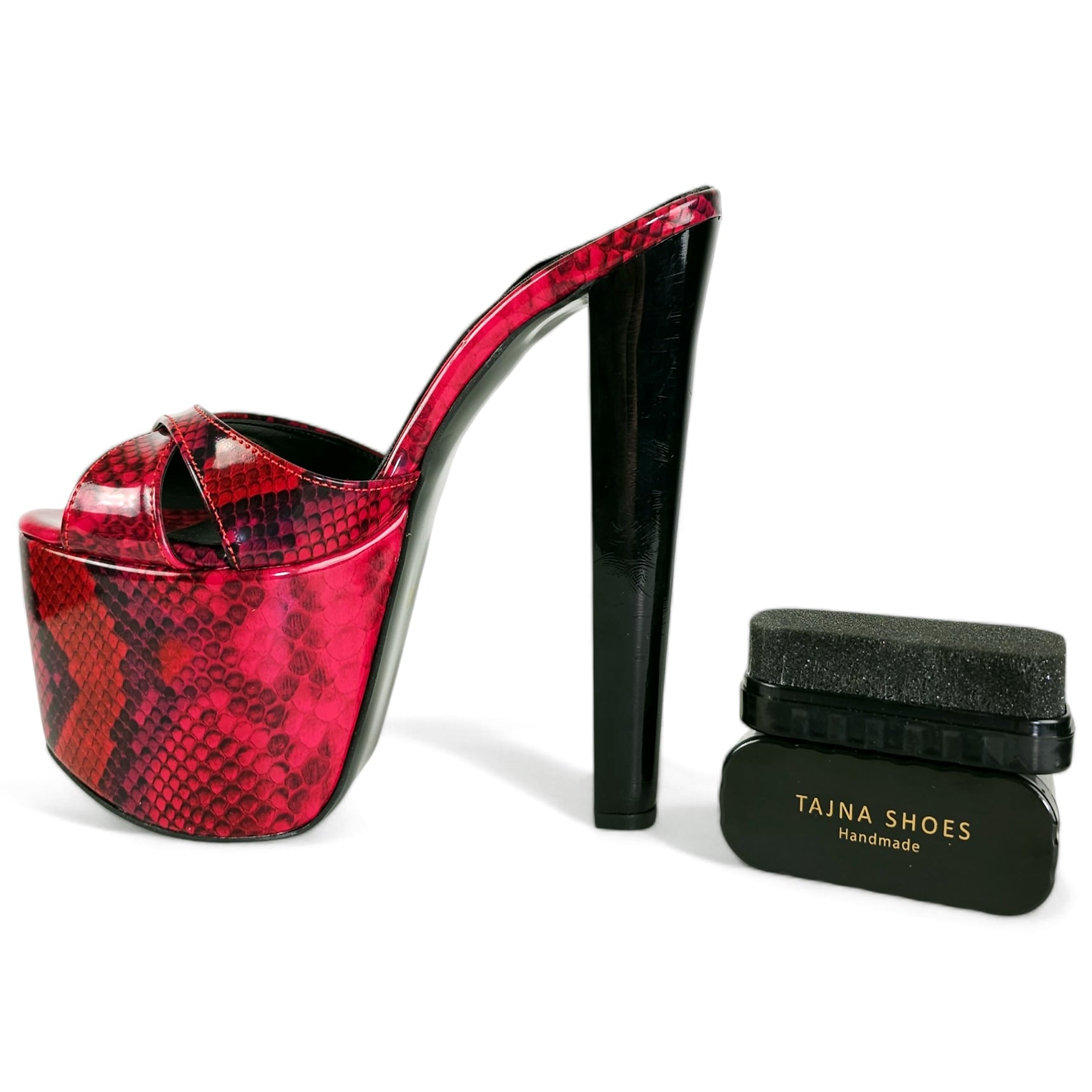 Vegan Red Black Half Gloss High Heel Platform Mules