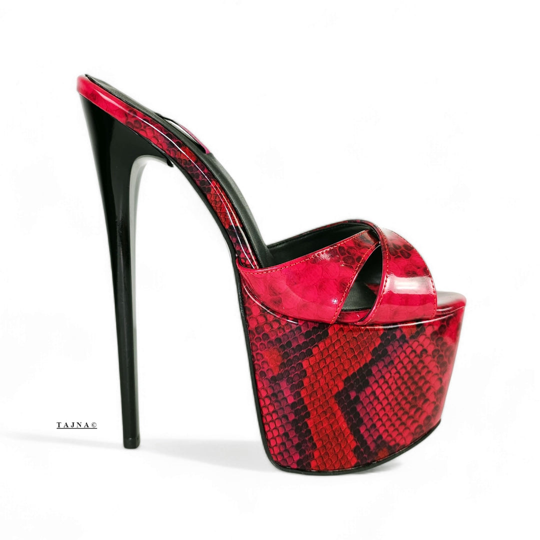 Vegan Red Black Half Gloss High Heel Platform Mules