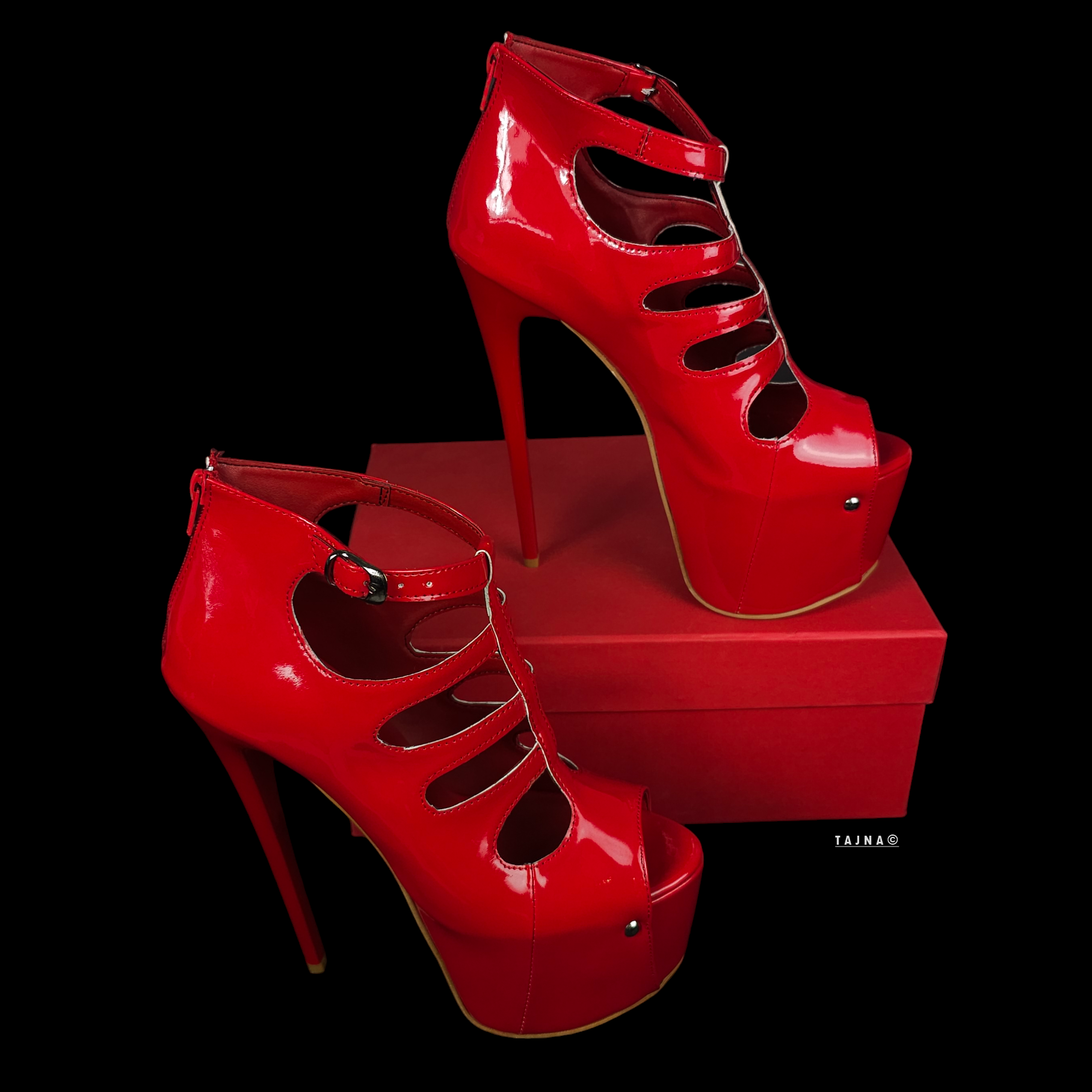 Red Gloss Cage Detail High Heel Platforms