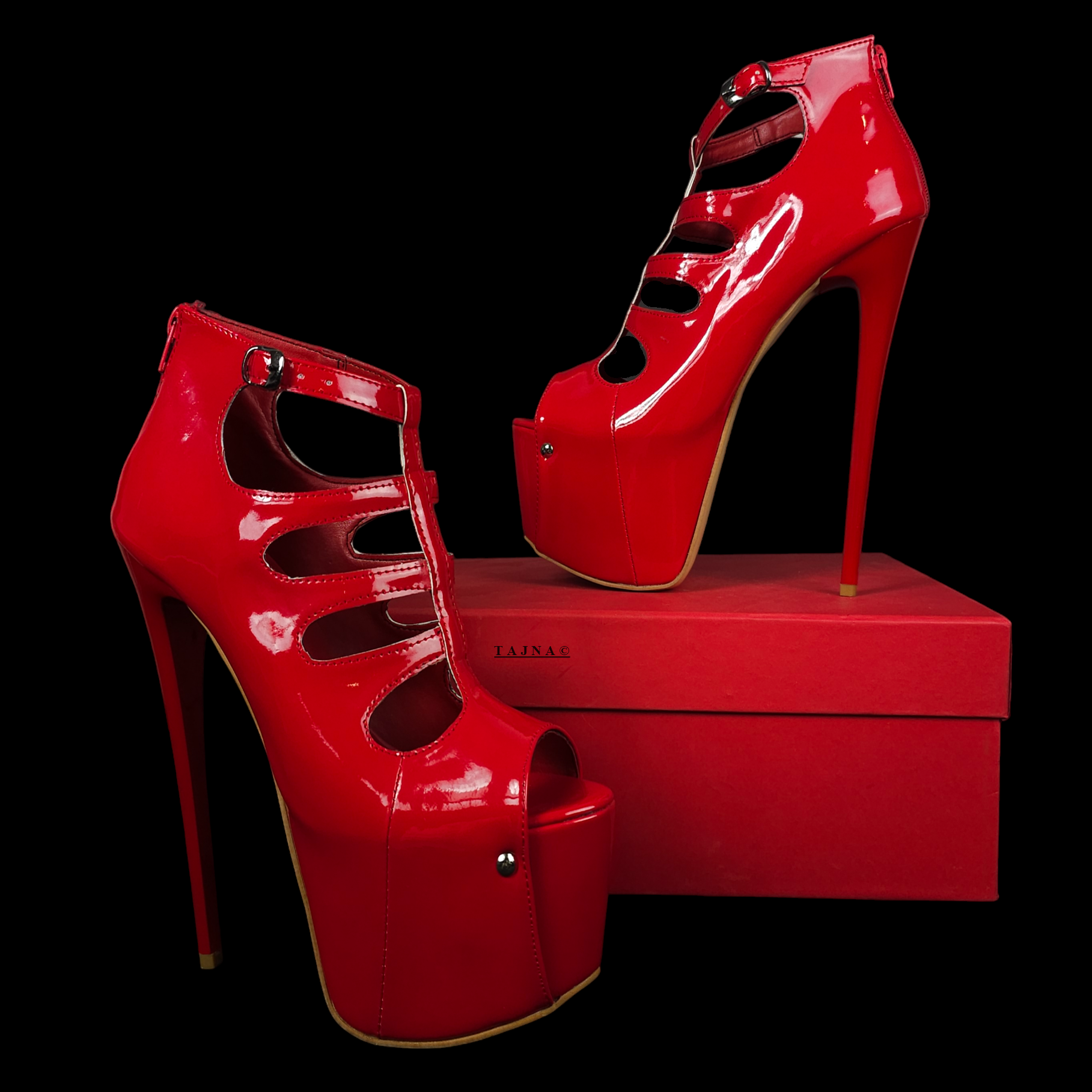 Red Gloss Cage Detail High Heel Platforms