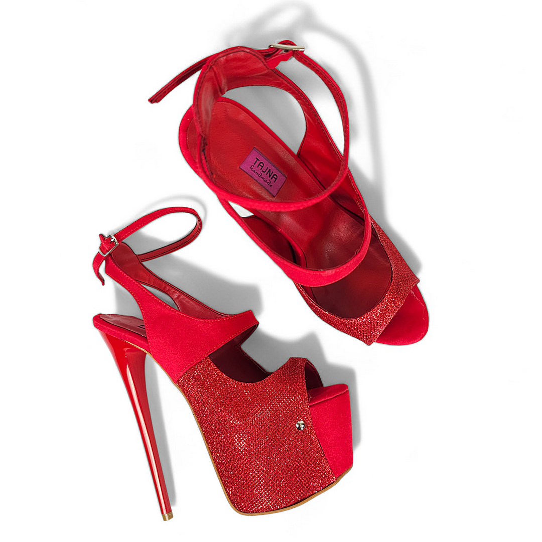 Red Suede Shimmer Detail High Heel Sandals