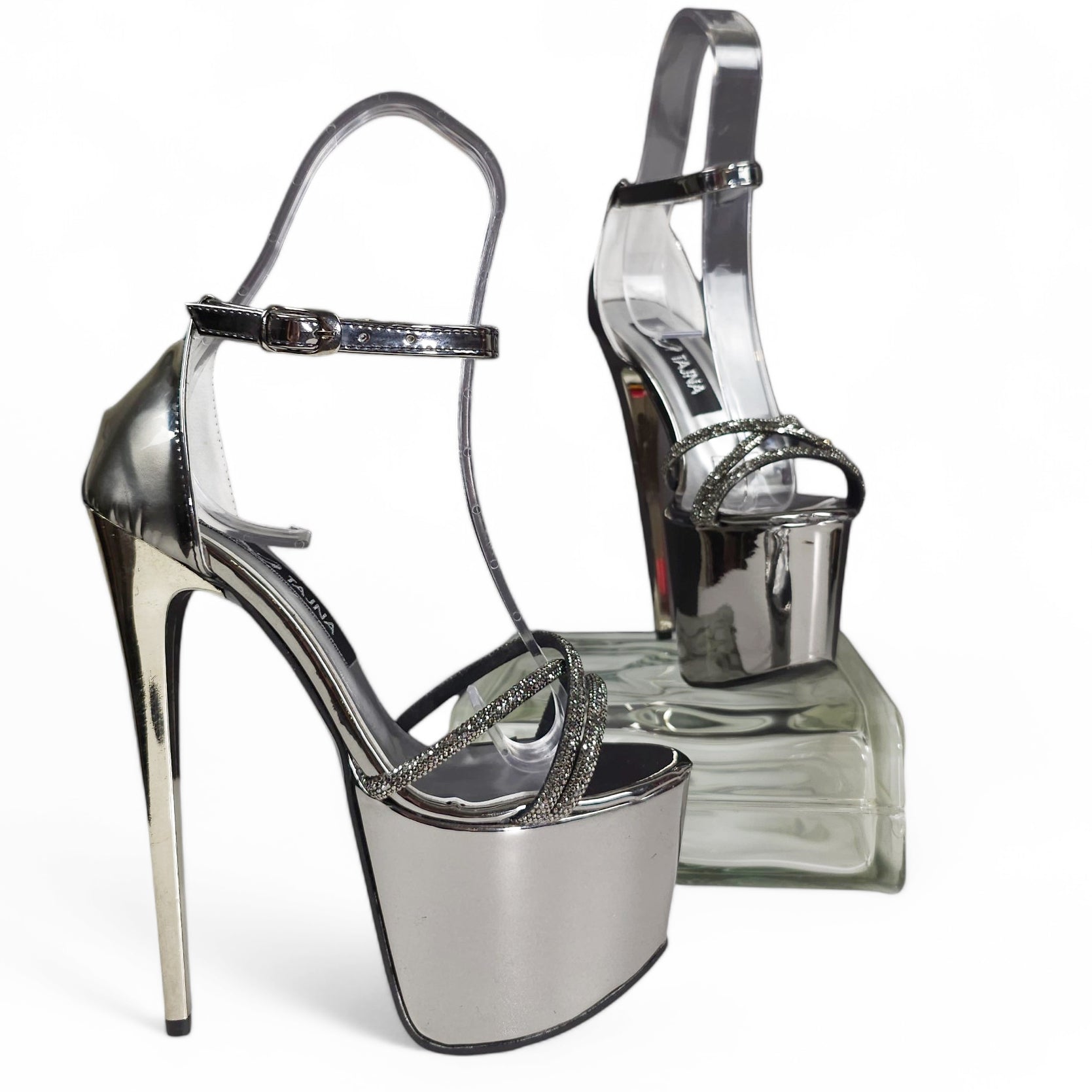 Gemstone Strap Silver Mirror Gloss High Heel Sandals 