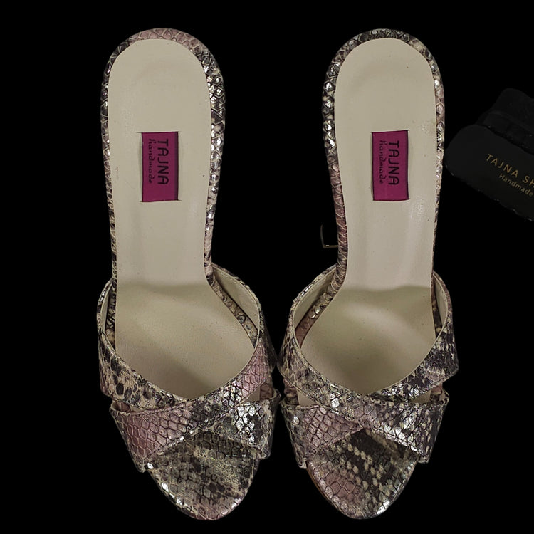 Silver Mirror Snake Print Genuine Leather Sandal Mules