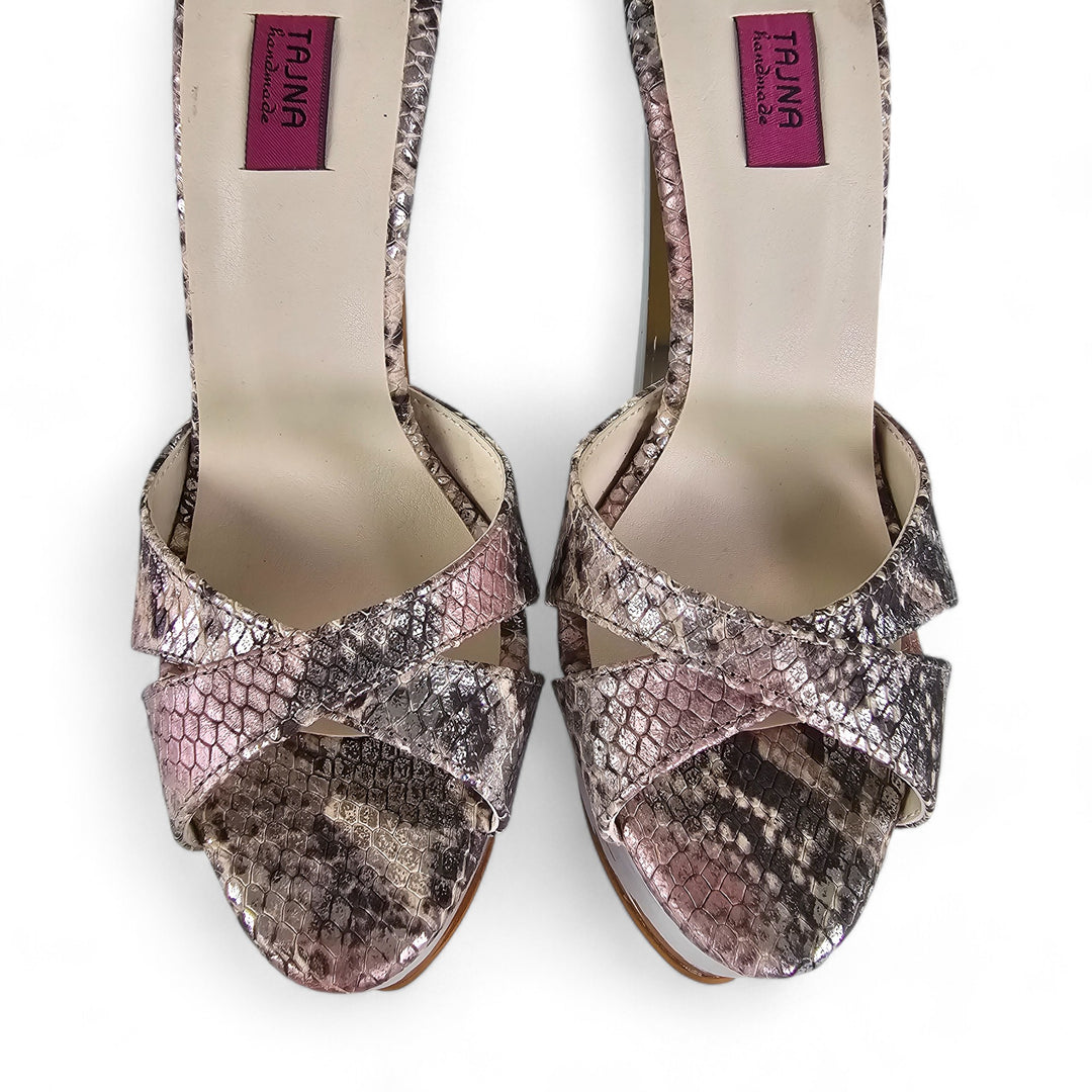 Silver Mirror Snake Print Genuine Leather Sandal Mules